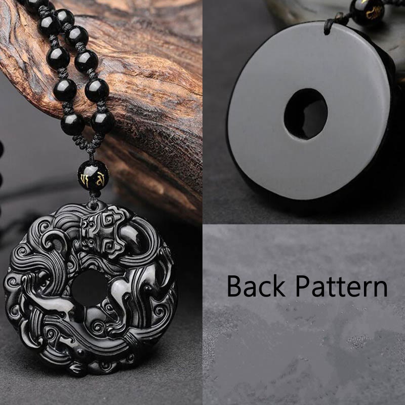 Collier pendentif en obsidienne noire naturelle avec boucle de paix et purification Pixiu