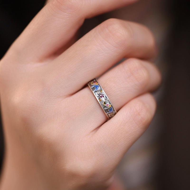 Bague ajustable en pierre de Bouddha sculptée en forme d'éléphant coloré