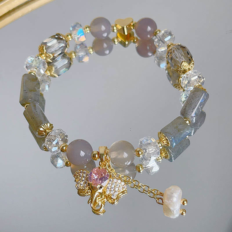 Bracelet à breloques éléphant positif en quartz fraise, améthyste, aventurine verte et pierres de Bouddha