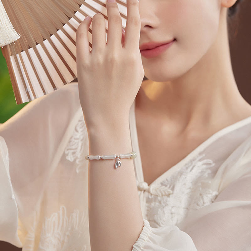 Bracelet porte-bonheur en argent sterling 925 et jade naturel Tianshan en bambou avec pierres de Bouddha