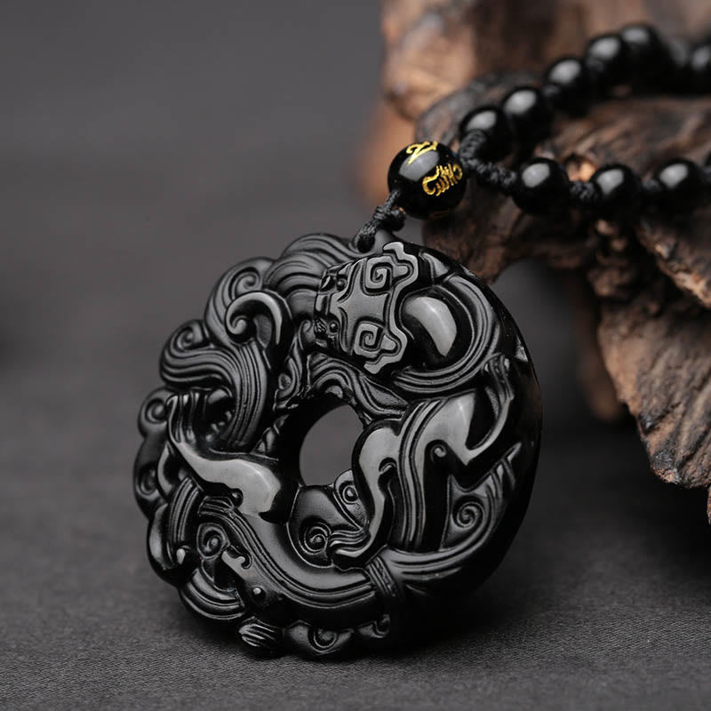 Collier pendentif en obsidienne noire naturelle avec boucle de paix et purification Pixiu