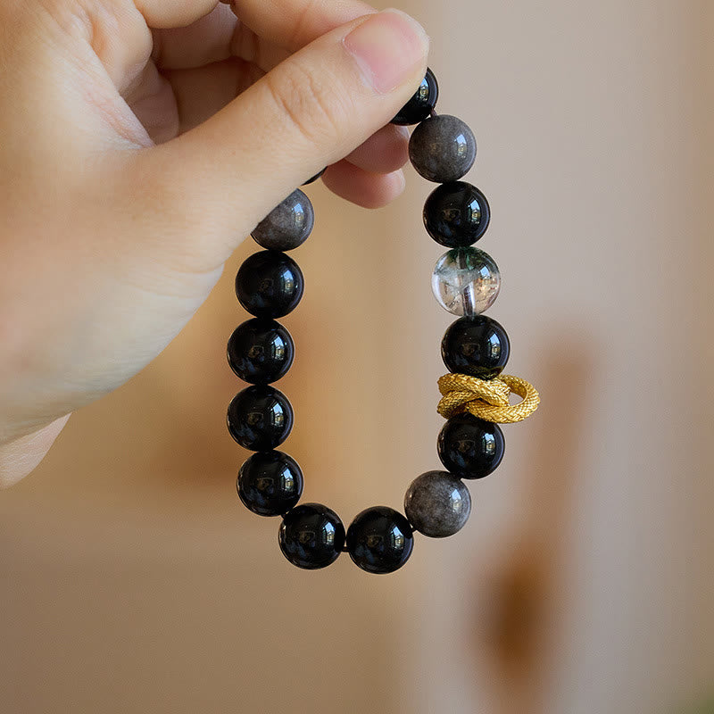 Buddha Stones Armband mit natürlichem Silberglanz, Obsidian, Drachengrün, Phantomschutz