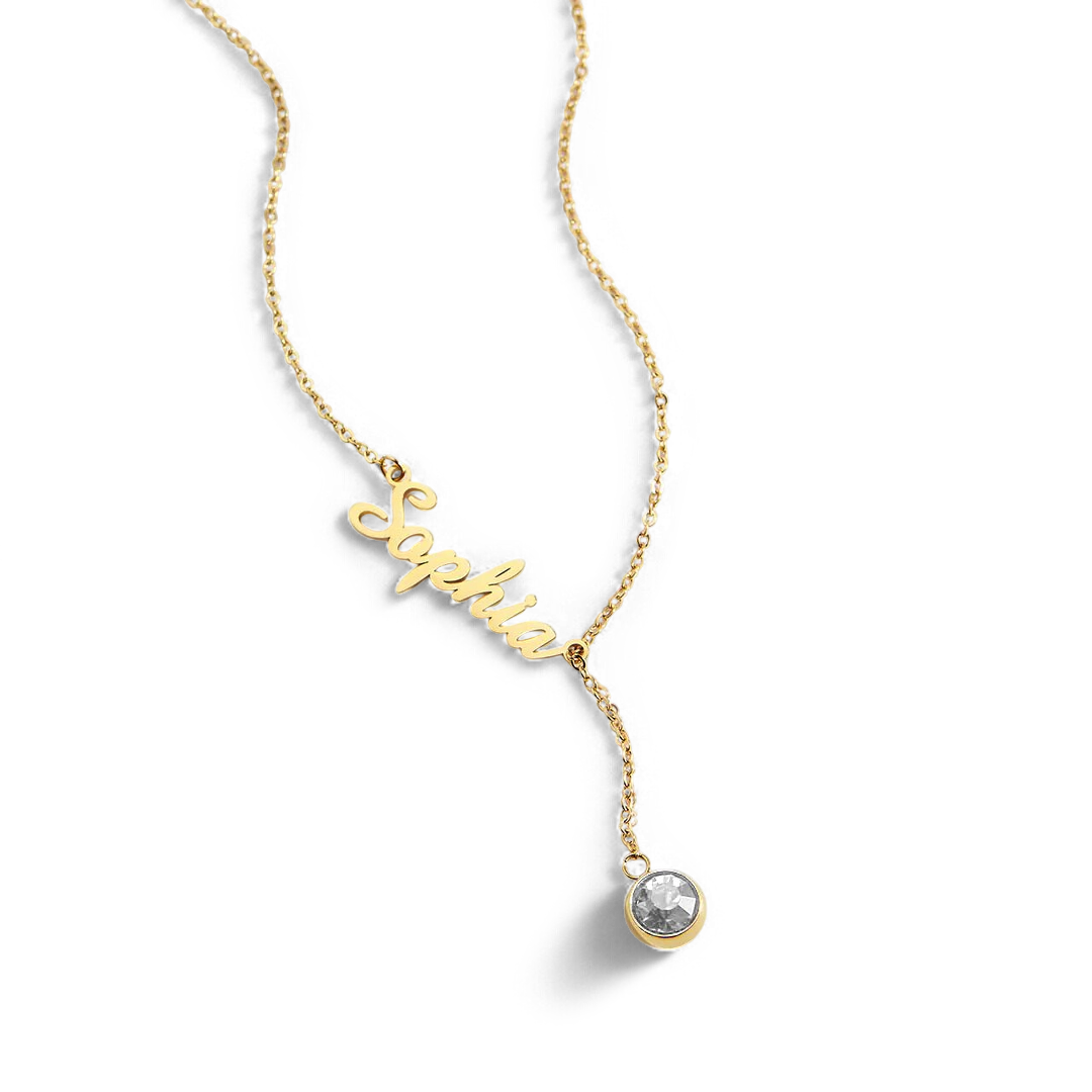 Collier Lariat avec pierre de naissance et nom