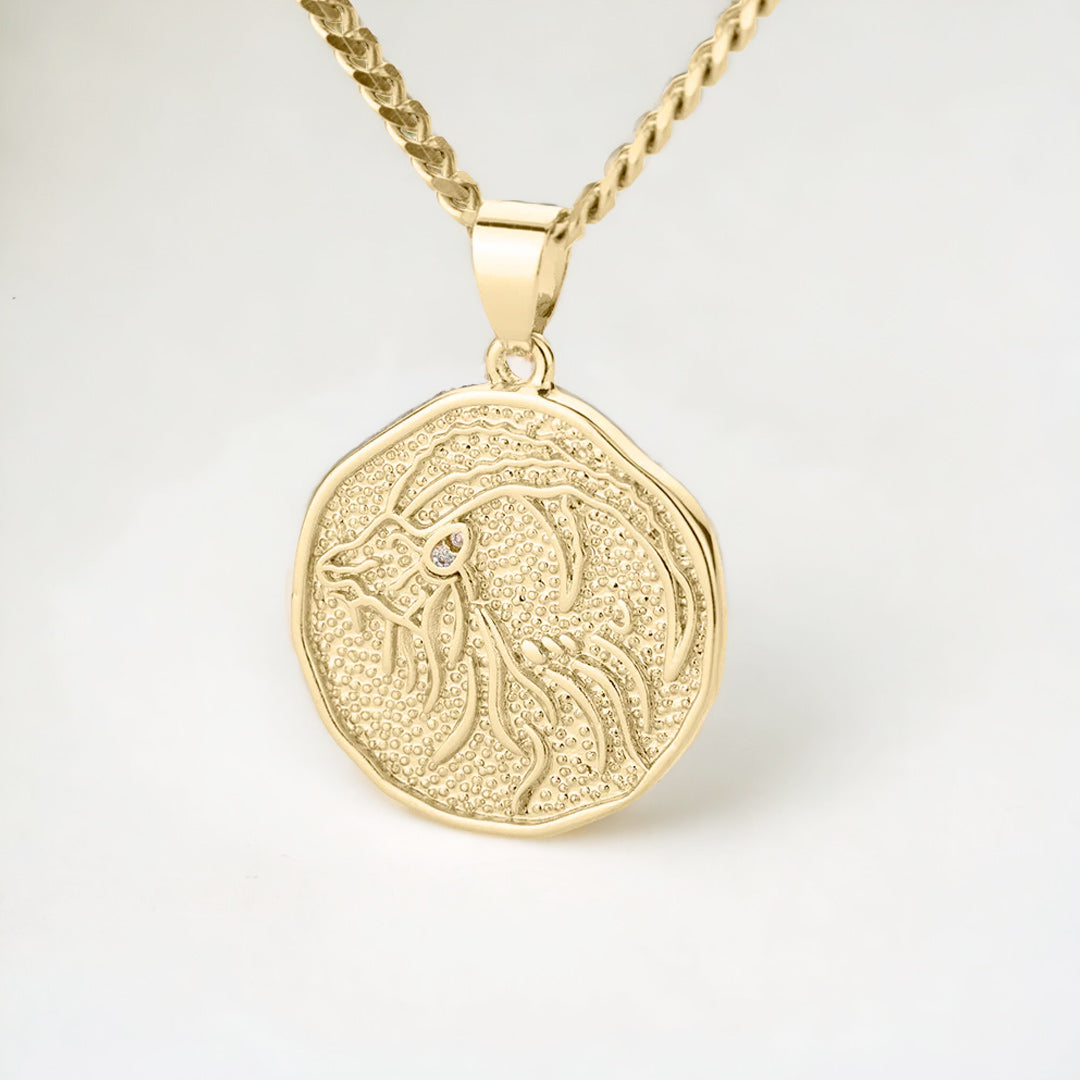 Collier avec pendentif en forme de pièce de monnaie représentant un signe astrologique