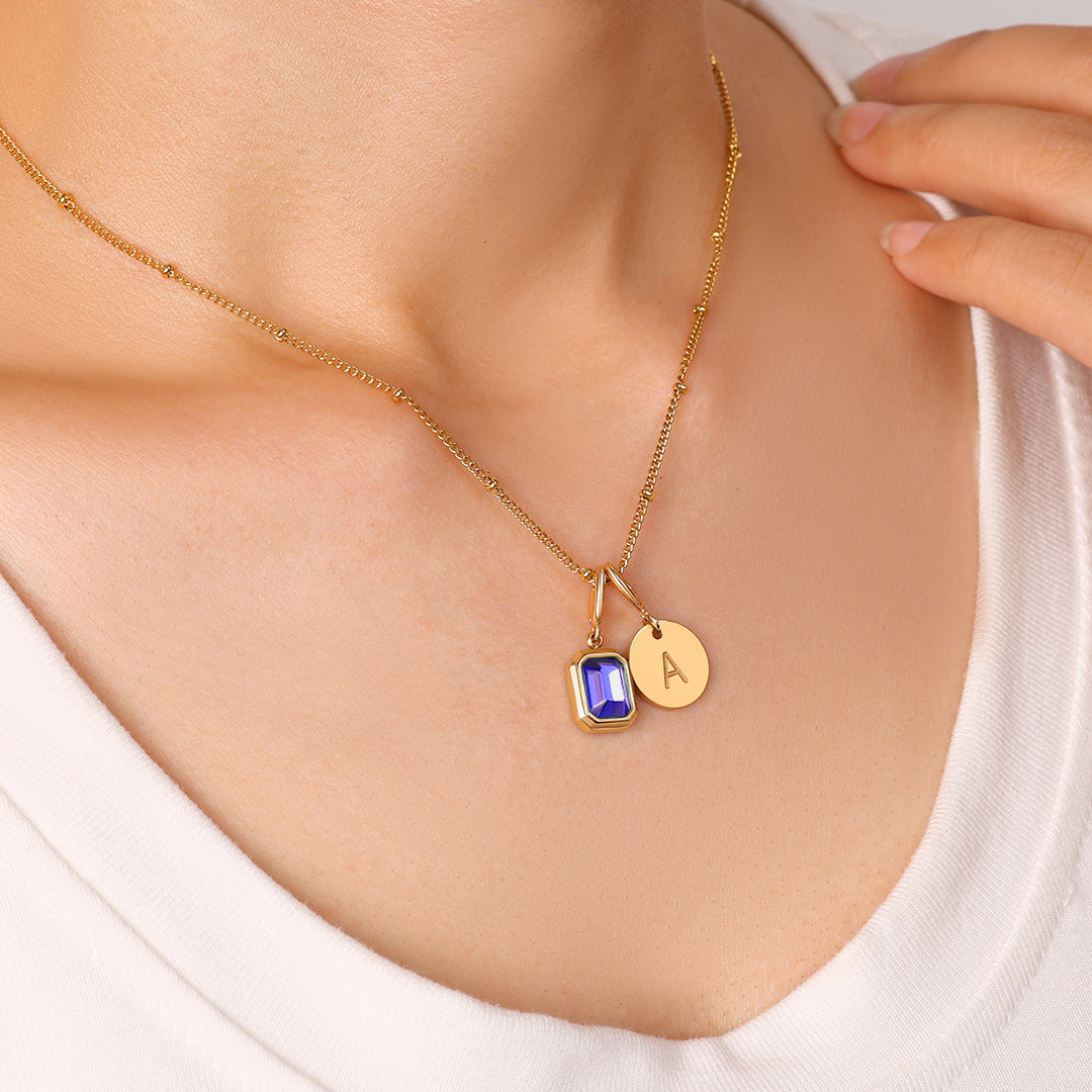 Baguette Birthstone & Initial Necklace