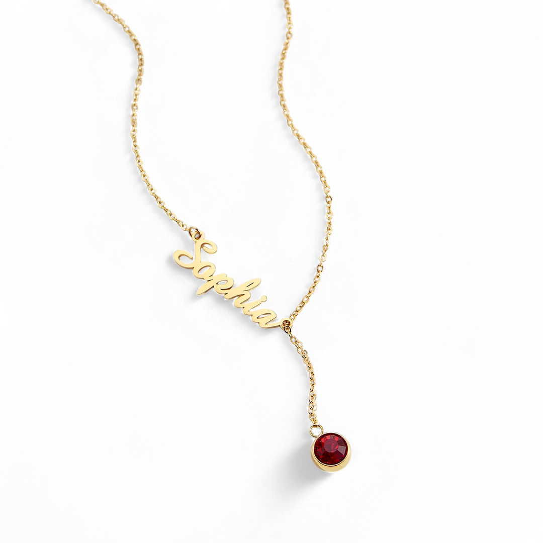 Collier Lariat avec pierre de naissance et nom