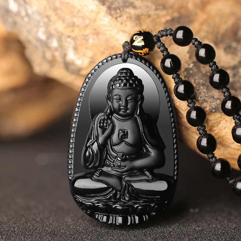 Collier pendentif Bouddha en obsidienne noire – Protection et courage