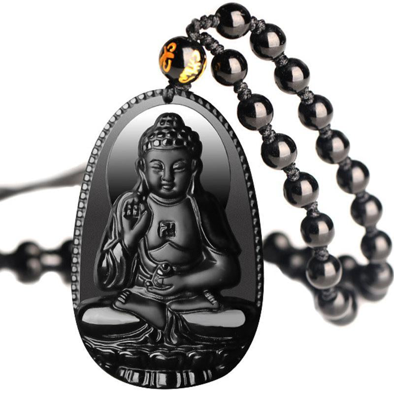 Collier pendentif Bouddha en obsidienne noire – Protection et courage