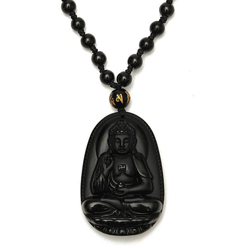 Collier pendentif Bouddha en obsidienne noire – Protection et courage