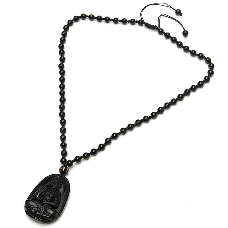 Collier pendentif Bouddha en obsidienne noire – Protection et courage