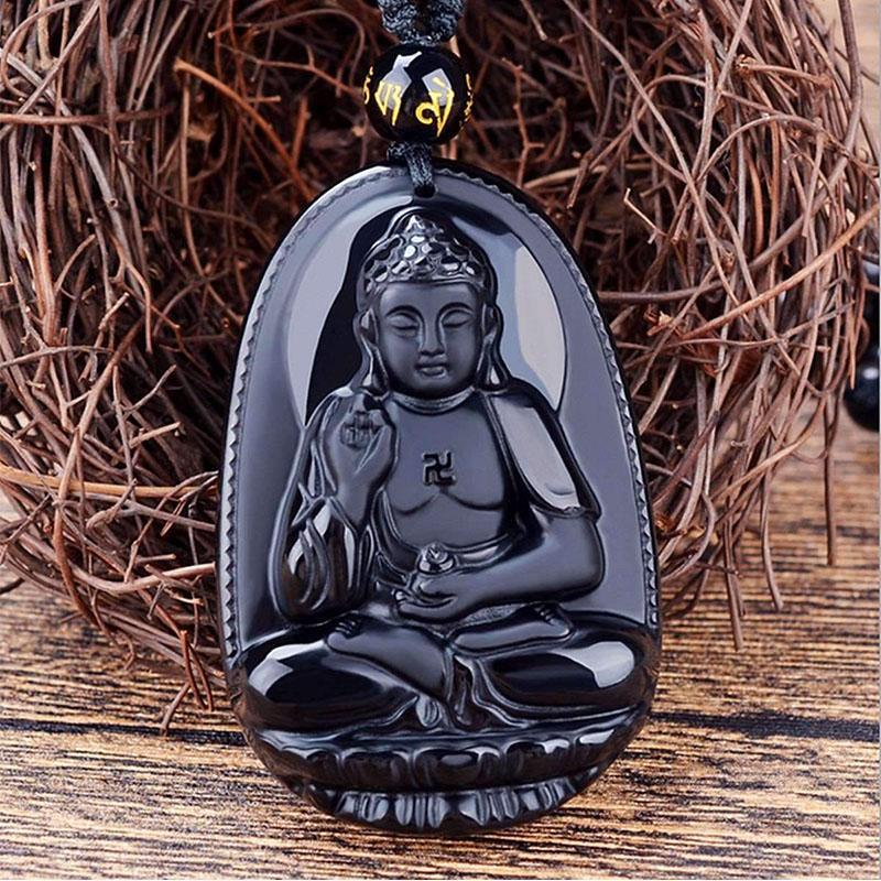 Collier pendentif Bouddha en obsidienne noire – Protection et courage
