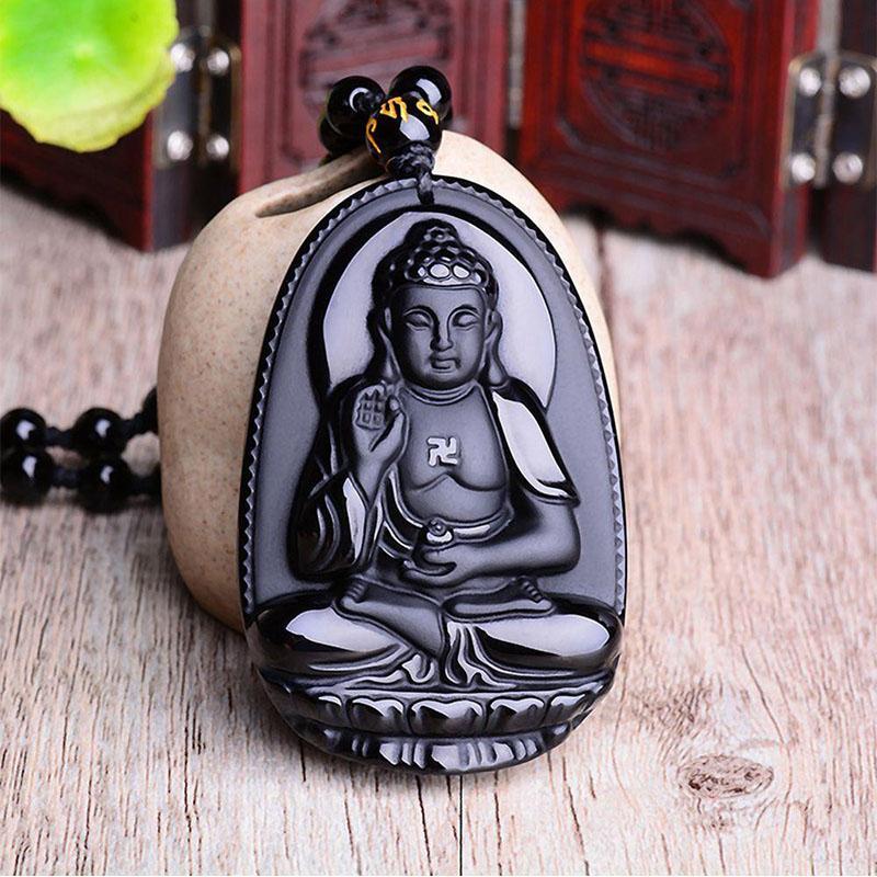 Collier pendentif Bouddha en obsidienne noire – Protection et courage