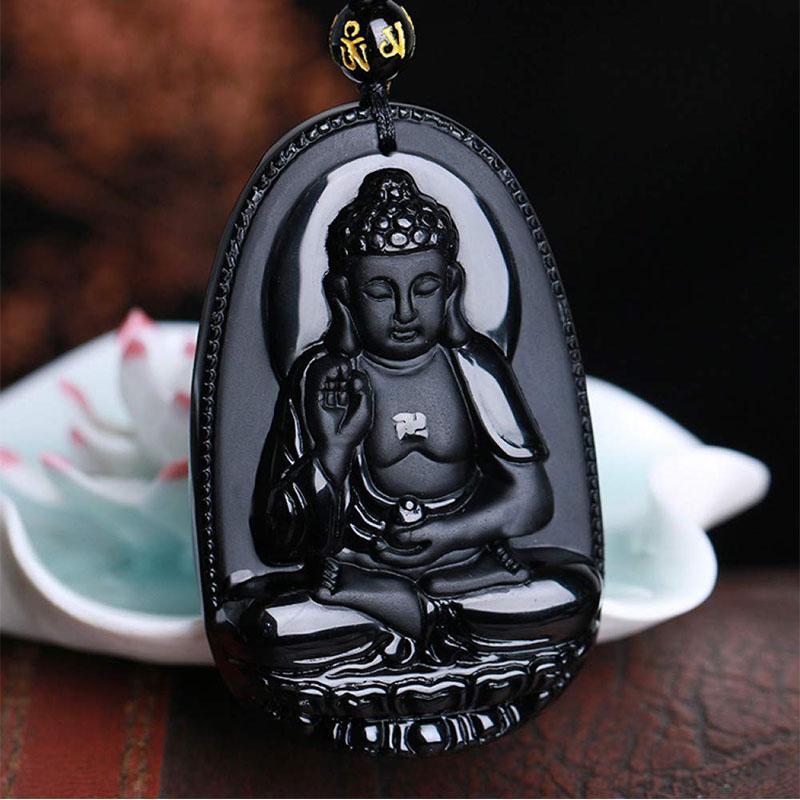 Collier pendentif Bouddha en obsidienne noire – Protection et courage