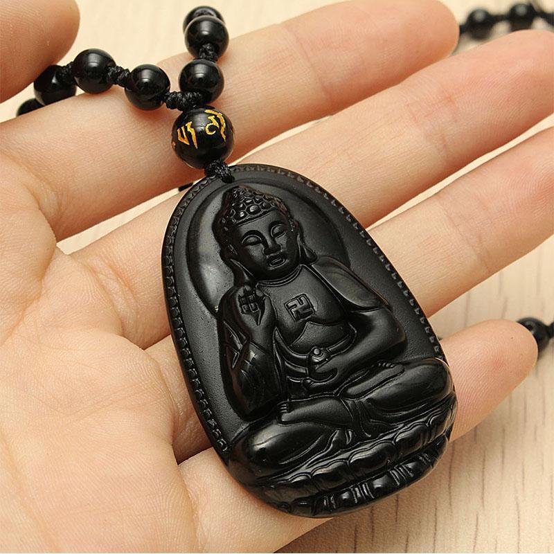 Collier pendentif Bouddha en obsidienne noire – Protection et courage