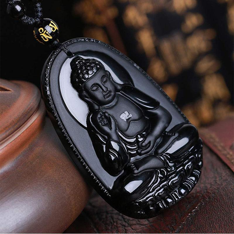 Collier pendentif Bouddha en obsidienne noire – Protection et courage