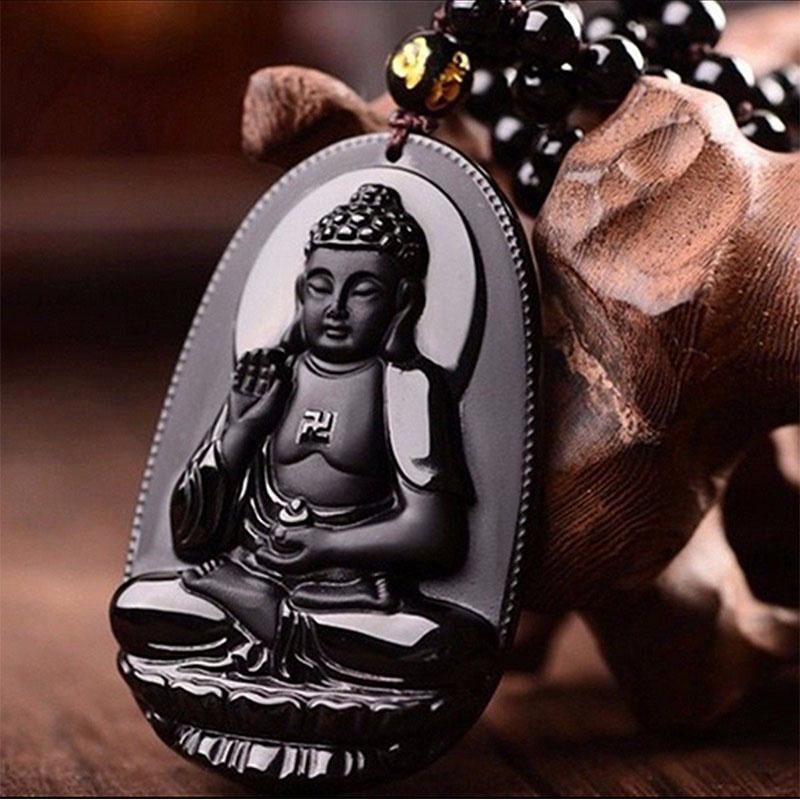 Collier pendentif Bouddha en obsidienne noire – Protection et courage