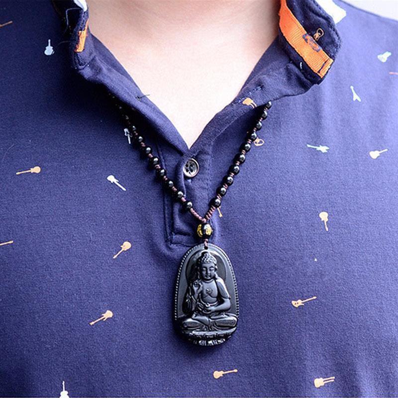 Collier pendentif Bouddha en obsidienne noire – Protection et courage