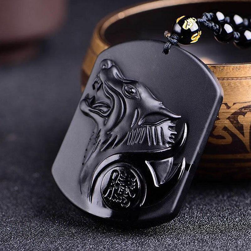 Collier de protection loup en obsidienne noire avec pendentif loup