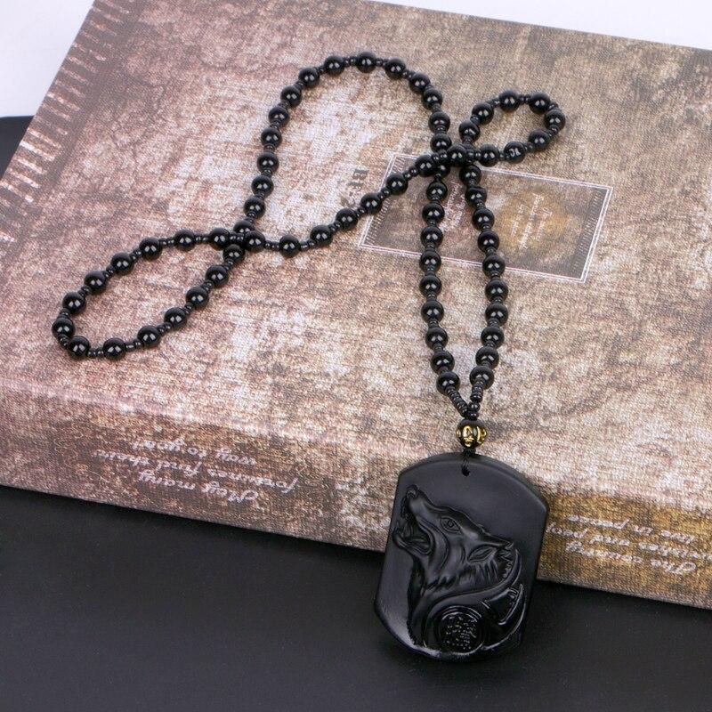 Collier de protection loup en obsidienne noire avec pendentif loup