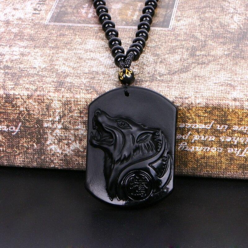Collier de protection loup en obsidienne noire avec pendentif loup