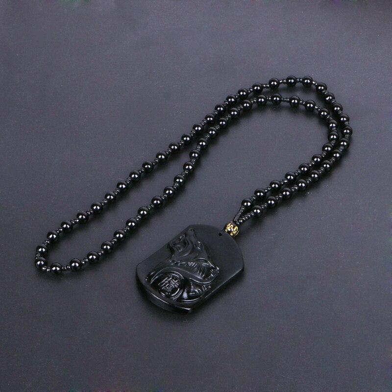 Collier de protection loup en obsidienne noire avec pendentif loup
