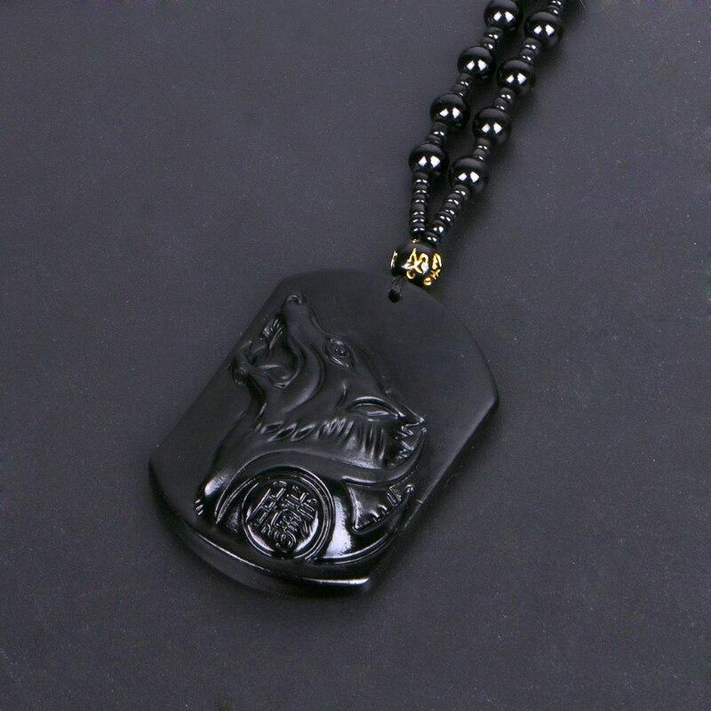 Collier de protection loup en obsidienne noire avec pendentif loup