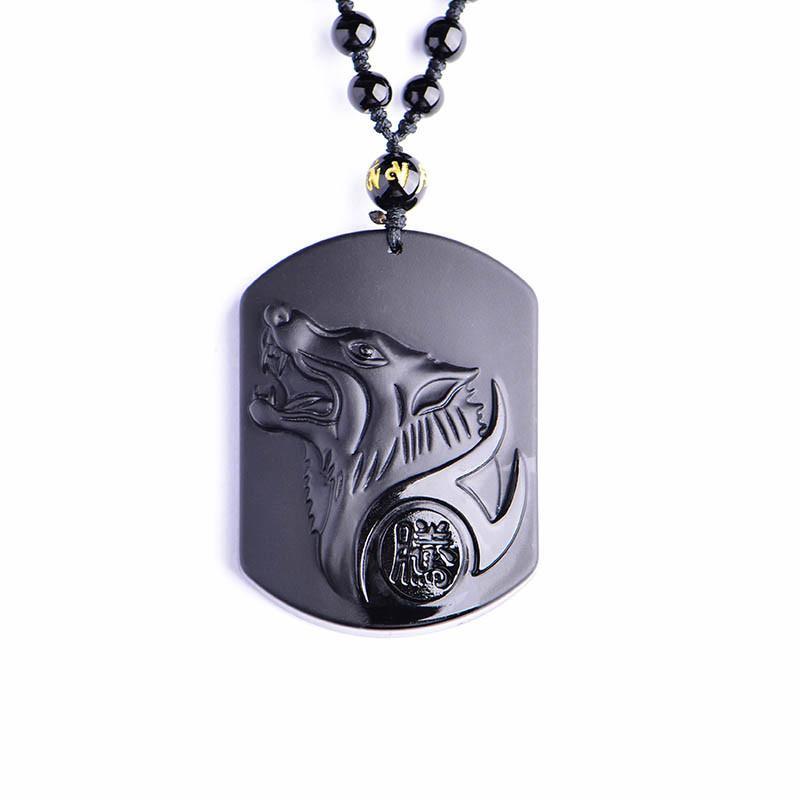 Collier de protection loup en obsidienne noire avec pendentif loup