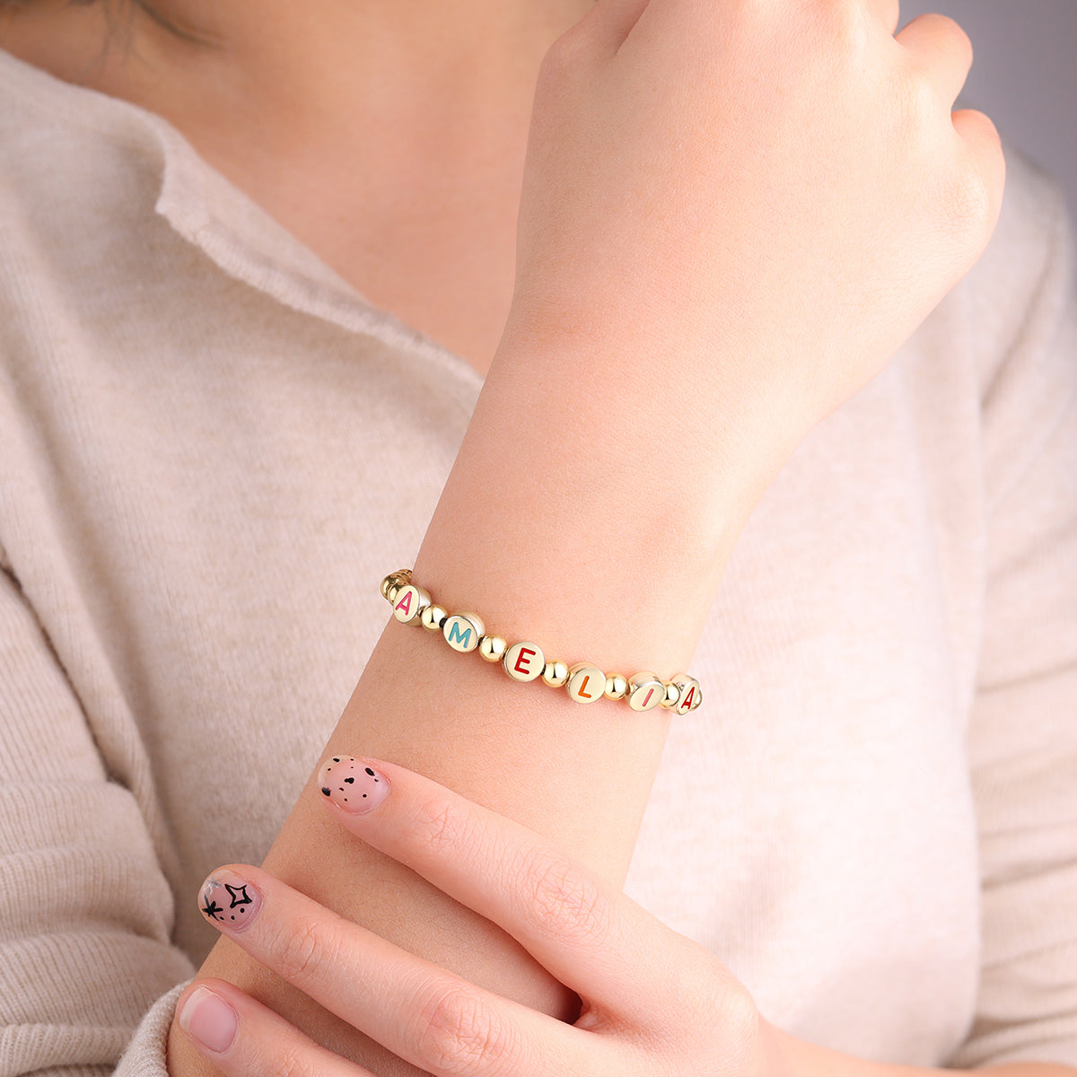 Custom Rainbow Letter Gold Disc Bead Bracelet