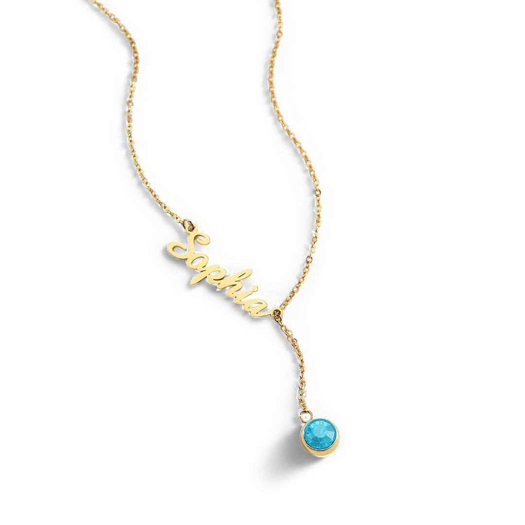 Collier Lariat avec pierre de naissance et nom