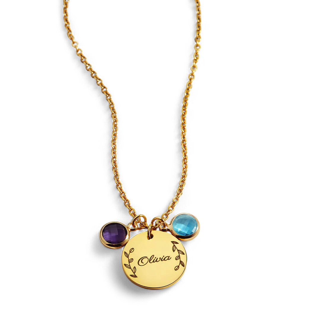 Collier pendentif pierre de naissance gravée avec feuilles