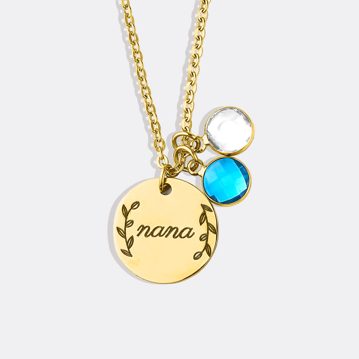 Collier pendentif pierre de naissance gravée avec feuilles