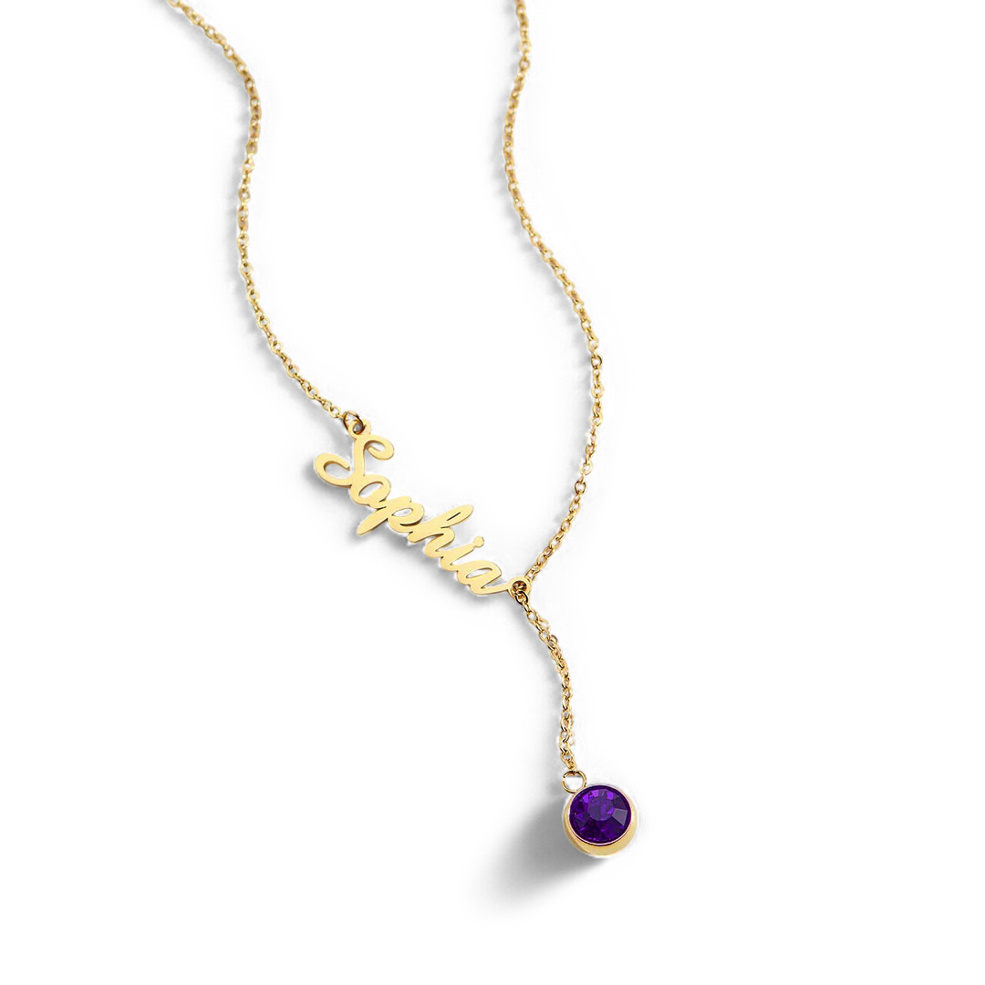 Collier Lariat avec pierre de naissance et nom