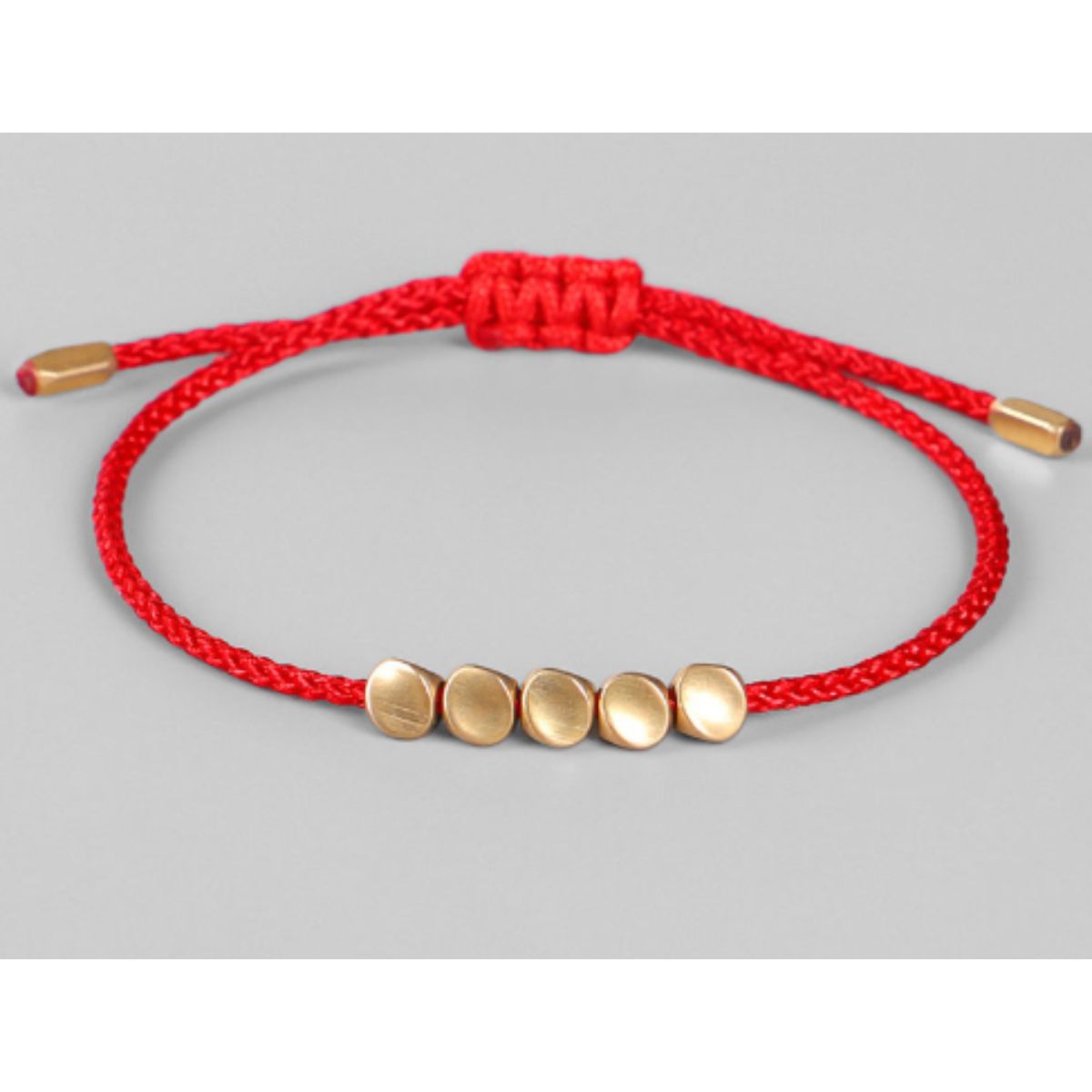 Bracelet en cuivre cinq perles porte-bonheur - Fil bleu, gris et rouge