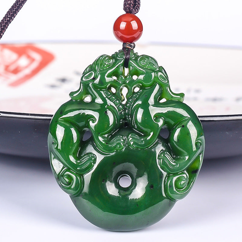 Collier porte-bonheur en jade Hetian Double Pixiu - Réalisez vos rêves et votre argent