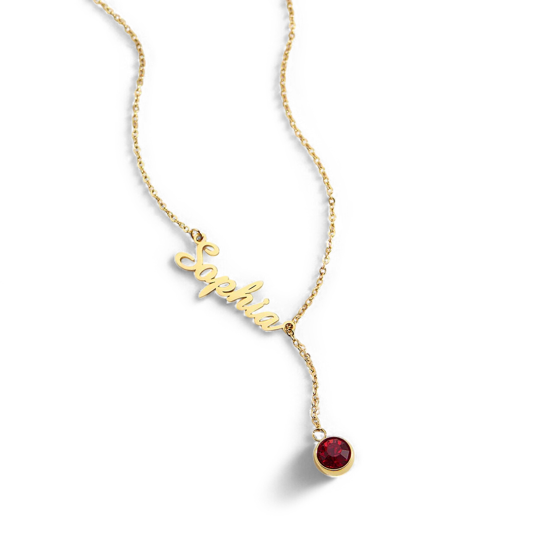 Collier Lariat avec pierre de naissance et nom