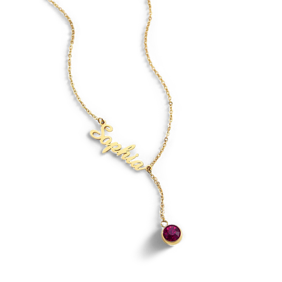 Collier Lariat avec pierre de naissance et nom