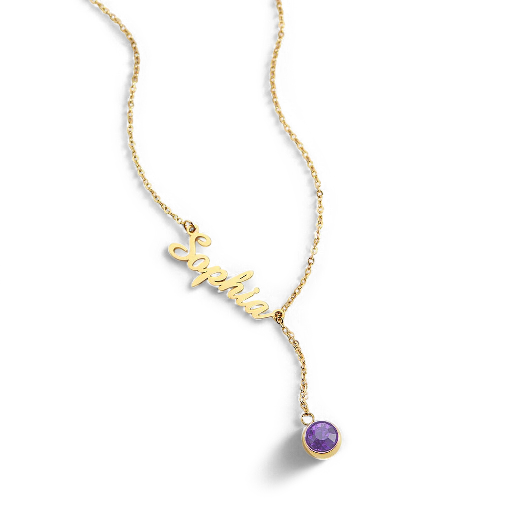 Collier Lariat avec pierre de naissance et nom