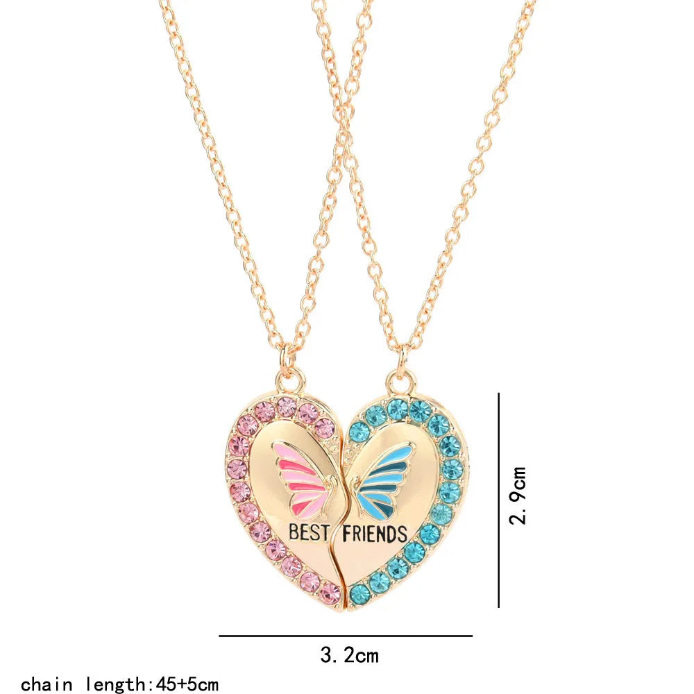Lot de 2 colliers BFF en strass avec cœur brisé et papillon