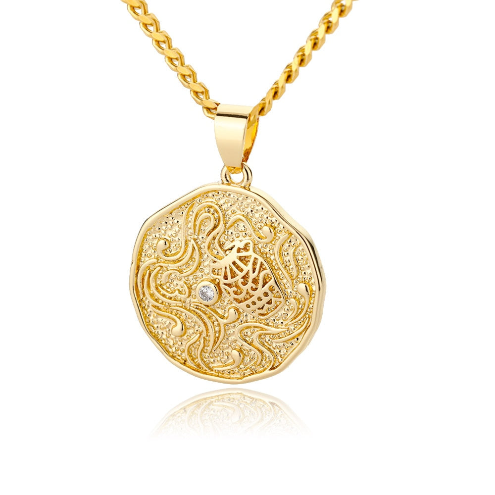 Collier avec pendentif en forme de pièce de monnaie représentant un signe astrologique