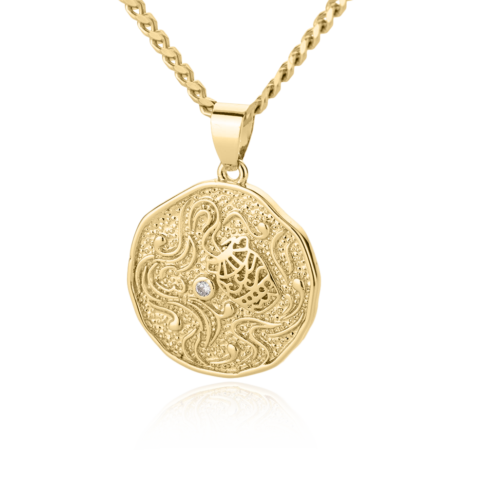 Collier avec pendentif en forme de pièce de monnaie représentant un signe astrologique