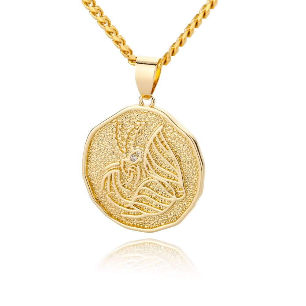 Collier avec pendentif en forme de pièce de monnaie représentant un signe astrologique