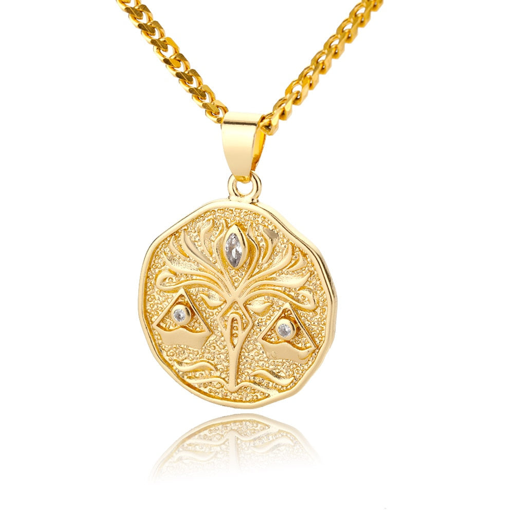 Collier avec pendentif en forme de pièce de monnaie représentant un signe astrologique