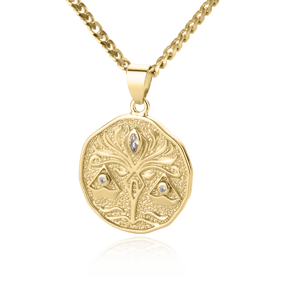 Collier avec pendentif en forme de pièce de monnaie représentant un signe astrologique