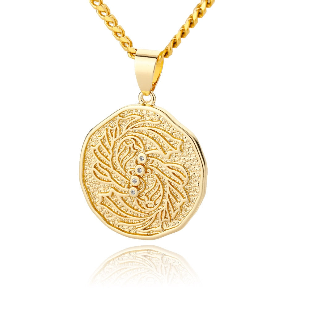 Collier avec pendentif en forme de pièce de monnaie représentant un signe astrologique