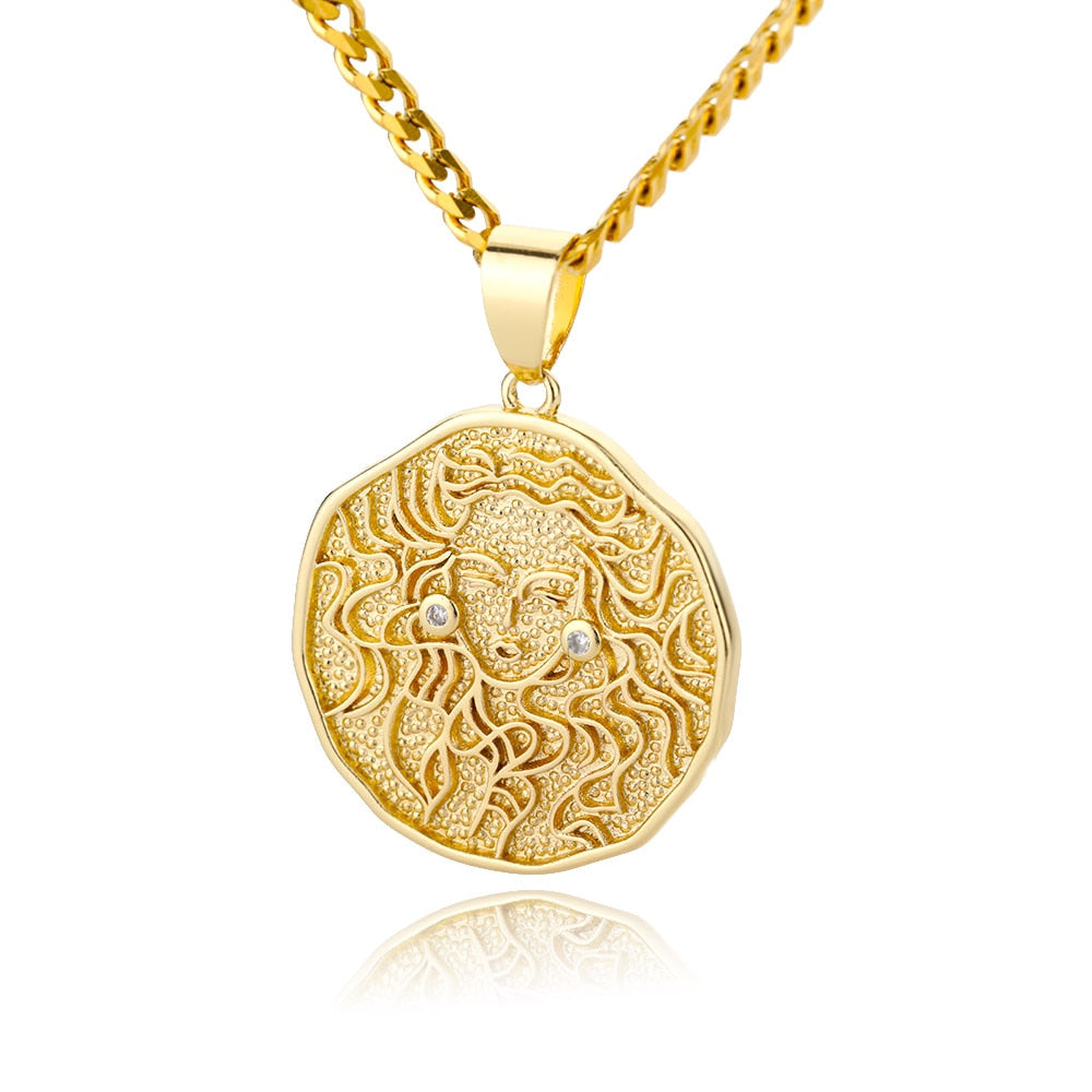 Collier avec pendentif en forme de pièce de monnaie représentant un signe astrologique