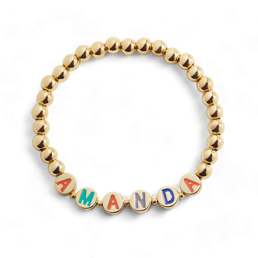 Custom Rainbow Letter Gold Disc Bead Bracelet