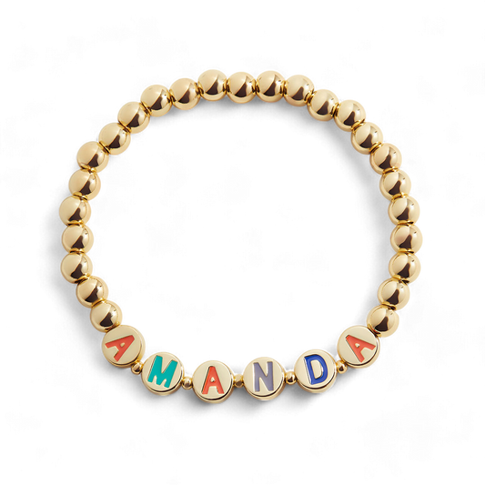 Custom Rainbow Letter Gold Disc Bead Bracelet