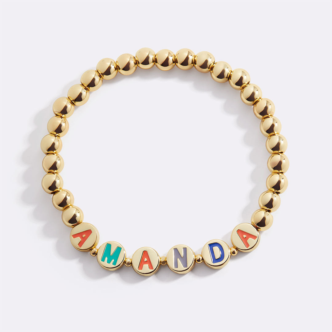 Custom Rainbow Letter Gold Disc Bead Bracelet