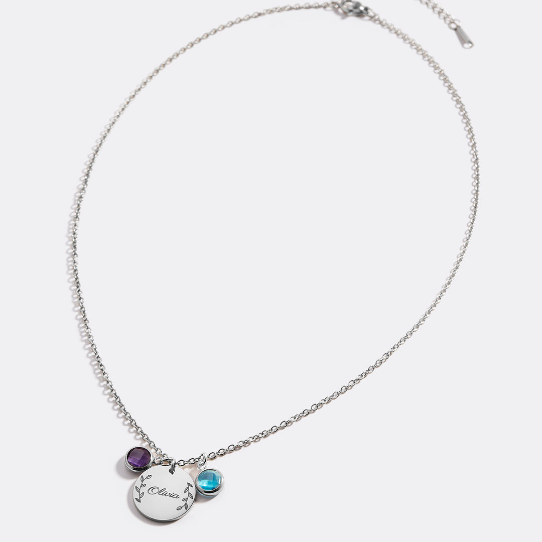 Collier pendentif pierre de naissance gravée avec feuilles