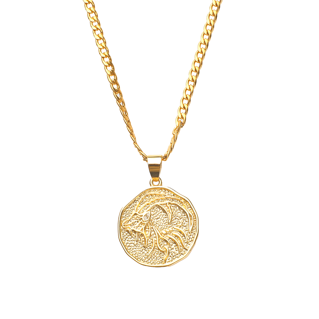 Collier avec pendentif en forme de pièce de monnaie représentant un signe astrologique